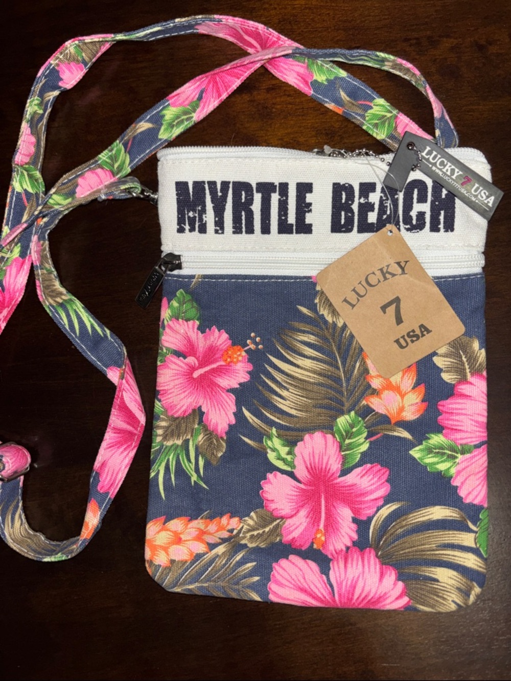 Lucky 7 Myrtle Beach Floral Crossbody Bag - Navy with Pink Flowers
